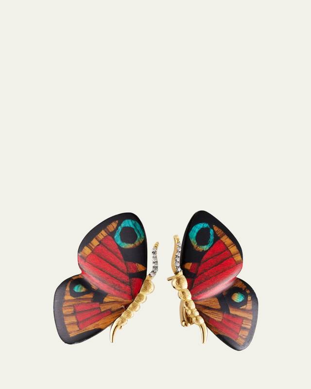 Butterfly Marquetry 18K Yellow Gold and Wood Earrings with Diamonds